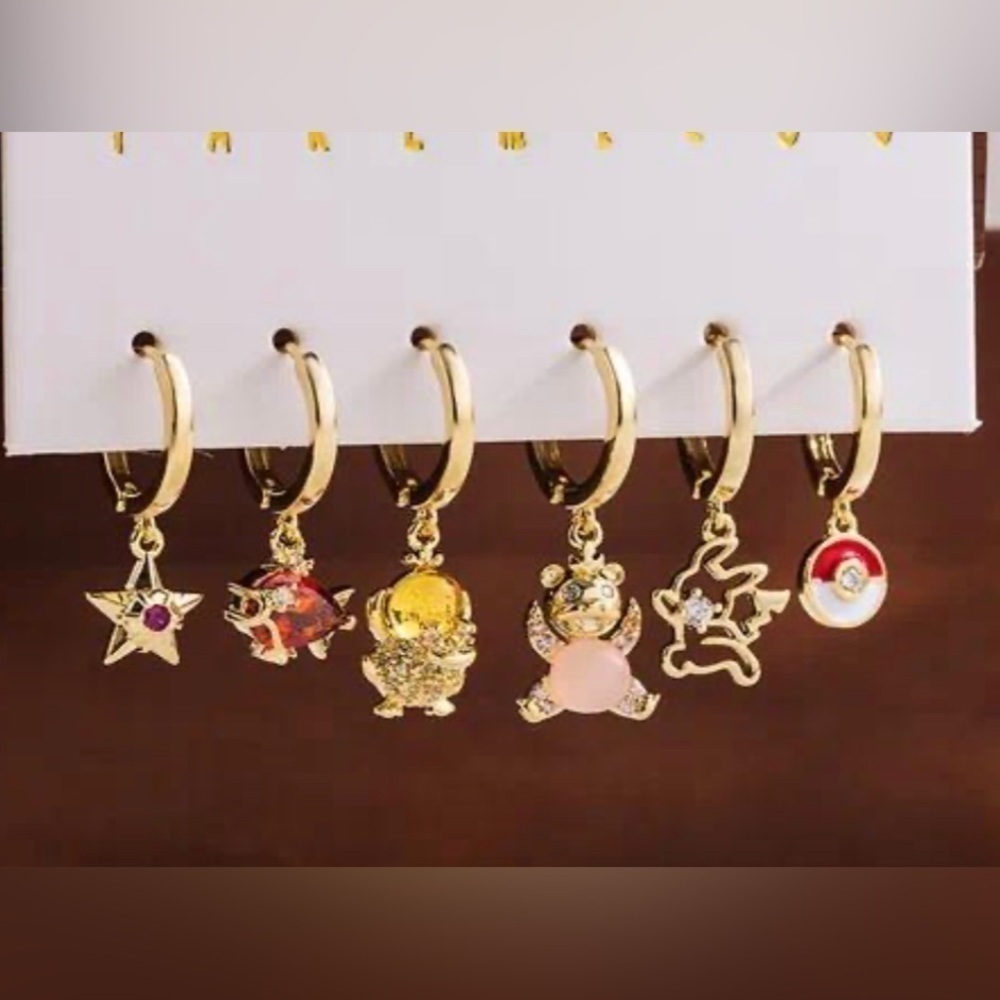 ⭐️NEW⭐️ 14K Gold Plated Pokemon Theme Huggie Hoop Dangle Mismatch Earring